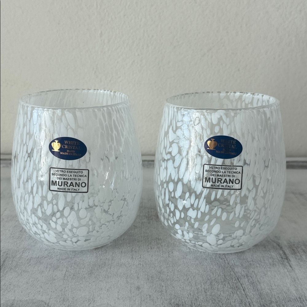 Set of 2 Murano White Crystal Wine Glasses Hand Made Tumblers White Confetti